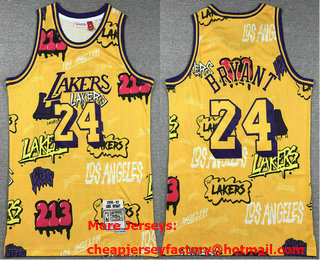 Men's Los Angeles Lakers #24 Kobe Bryant Yellow Doodle Fashion Swingman Throwback Jersey