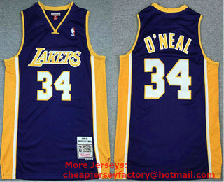 Men's Los Angeles Lakers #34 Shaquille O'neal 1999-00 Purple Hardwood Classics Soul Swingman Throwback V Neck Jersey
