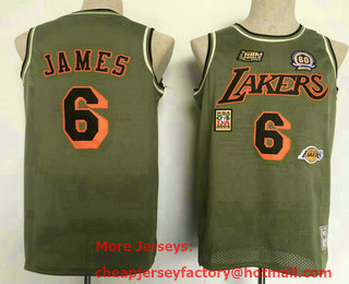 Men's Los Angeles Lakers #6 LeBron James Olive Military Flight Throwback Swingman Jersey