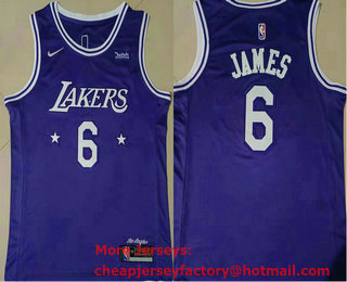 Men's Los Angeles Lakers #6 LeBron James Purple 2021 Nike City Edition Swingman Stitched Jersey With Sponsor Logo