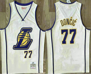 Men's Los Angeles Lakers #77 Luka Doncic Cream Throwback Swingman Jersey