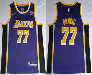 Men's Los Angeles Lakers #77 Luka Doncic Purple Sponsor Jordan Swingman Stitched Jersey