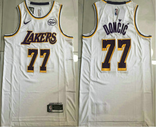 Men's Los Angeles Lakers #77 Luka Doncic White 2025 AU Sponsor Stitched Jersey