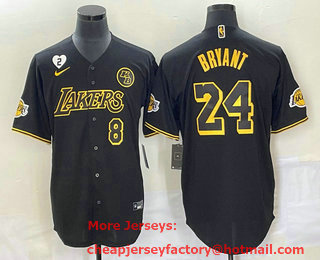 Men's Los Angeles Lakers #8 #24 Kobe Bryant Black With Patch Cool Base Stitched Baseball Jersey 05