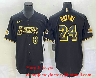 Men's Los Angeles Lakers #8 #24 Kobe Bryant Black With Patch Cool Base Stitched Baseball Jersey 07