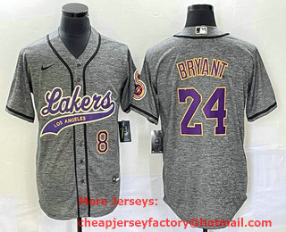 Men's Los Angeles Lakers #8 #24 Kobe Bryant Grey Gridiron Cool Base Stitched Baseball Jersey 01