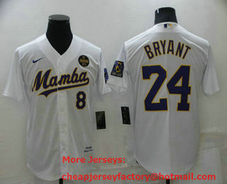 Men's Los Angeles Lakers #8 #24 Kobe Bryant Mamba White Stitched Cool Base Nike Baseball Jersey