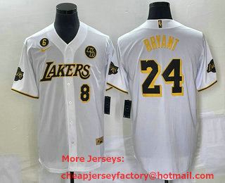 Men's Los Angeles Lakers #8 #24 Kobe Bryant White With Patch Cool Base Stitched Baseball Jersey 01