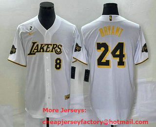 Men's Los Angeles Lakers #8 #24 Kobe Bryant White With Patch Cool Base Stitched Baseball Jersey 02