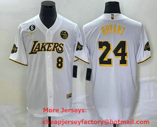 Men's Los Angeles Lakers #8 #24 Kobe Bryant White With Patch Cool Base Stitched Baseball Jersey 05