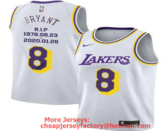 Men's Los Angeles Lakers #8 Kobe Bryant White R.I.P Signed Swingman Jersey