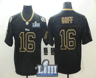 Men's Los Angeles Rams #16 Jared Goff 2019 Super Bowl LIII Patch Black Lights Out Color Rush Stitched NFL Nike Limited Jersey