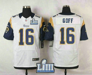 Men's Los Angeles Rams #16 Jared Goff White 2019 Super Bowl LIII Patch Road NFL Nike Elite Jersey