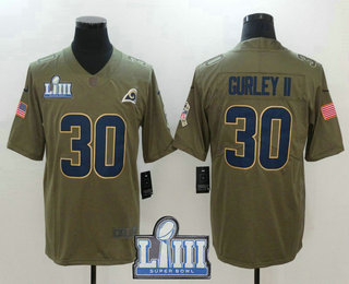 Men's Los Angeles Rams #30 Todd Gurley II Olive 2019 Super Bowl LIII Patch Salute To Service Stitched NFL Nike Limited Jersey