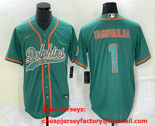Men's Miami Dolphins #1 Tua Tagovailoa Aqua Cool Base Stitched Baseball Jersey