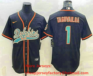 Men's Miami Dolphins #1 Tua Tagovailoa Black With Patch Cool Base Stitched Baseball Jersey