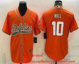 Men's Miami Dolphins #10 Tyreek Hill Orange With Patch Cool Base Stitched Baseball Jersey