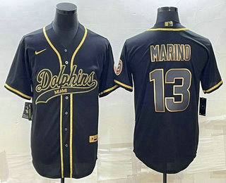 Men's Miami Dolphins #13 Dan Marino Black Gold With Patch Cool Base Stitched Baseball Jersey