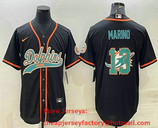 Men's Miami Dolphins #13 Dan Marino Black Team Big Logo With Patch Cool Base Stitched Baseball Jersey