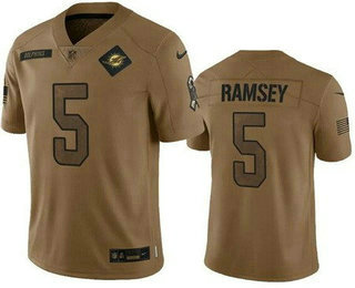 Men's Miami Dolphins #5 Jalen Ramsey Limited Brown 2023 Salute To Service Jersey