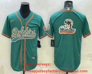 Men's Miami Dolphins Aqua Team Big Logo With Patch Cool Base Stitched Baseball Jersey
