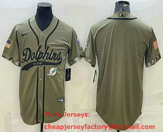 Men's Miami Dolphins Blank Olive Salute to Service Cool Base Stitched Baseball Jersey