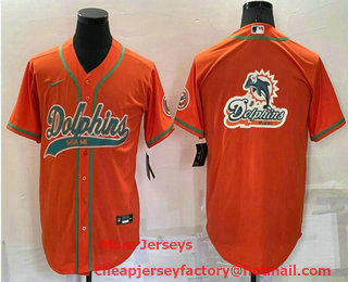 Men's Miami Dolphins Orange Team Big Logo With Patch Cool Base Stitched Baseball Jersey