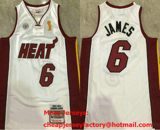 Men's Miami Heat #6 LeBron James White Champions Patch 2012-13 Hardwood Classics Soul Throwback Jersey