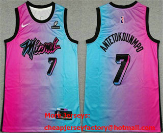 Men's Miami Heat #7 Giannis Antetokounmpo Blue Pink City Edition Sponsor Stitched Jersey