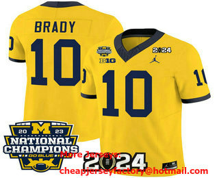 Men's Michigan Wolverines #10 Tom Brady Yellow FUSE With 2023 National Champions Patch Stitched Jersey