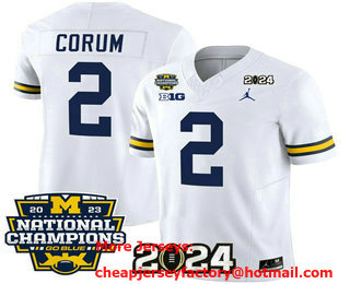 Men's Michigan Wolverines #2 Blake Corum White FUSE With 2023 National Champions Patch Stitched Jersey
