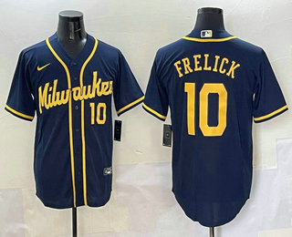 Men's Milwaukee Brewers #10 Sal Frelick Number Navy Blue Stitched Cool Base Nike Jersey