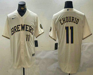 Men's Milwaukee Brewers #11 Jackson Chourio Number Cream Stitched Cool Base Nike Jersey