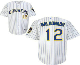Men's Milwaukee Brewers #12 Martin Maldonado White Pinstirpe Stitched Baseball Jersey