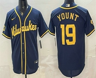 Men's Milwaukee Brewers #19 Robin Yount Navy Blue Stitched Cool Base Jerse