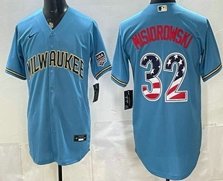 Men's Milwaukee Brewers #22 Christian Yelich Blue 2026 USA 250 Fourth of July Home Stadium Stitched Jersey