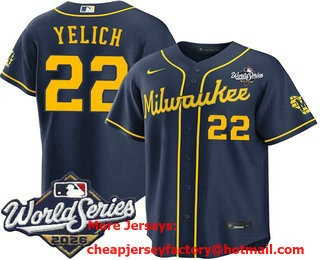 Men's Milwaukee Brewers #22 Christian Yelich Navy 2026 World Series Stitched Jersey