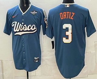 Men's Milwaukee Brewers #3 Joey Ortiz Blue 2026 World Series City Connect Stadium Stitched Jersey
