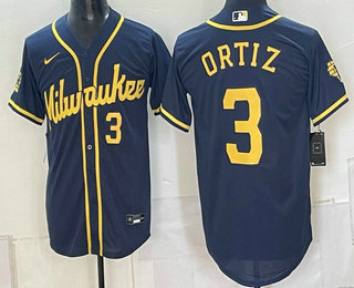 Men's Milwaukee Brewers #3 Joey Ortiz Navy Cool Base Stitched Jersey