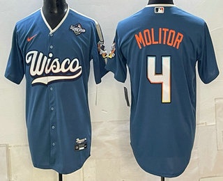 Men's Milwaukee Brewers #4 Paul Molitor Blue 2026 World Series City Connect Stadium Stitched Jersey