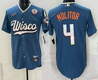 Men's Milwaukee Brewers #4 Paul Molitor Blue With 54 Seasons Patch 2026 City Connect Stadium Jersey