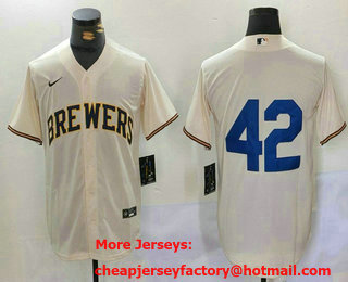 Men's Milwaukee Brewers #42 Jackie Robinson Cream Stitched Cool Base Nike Jersey