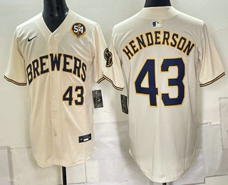 Men's Milwaukee Brewers #43 Logan Henderson Cream With 54 Seasons Patch Limited Stitched Jersey
