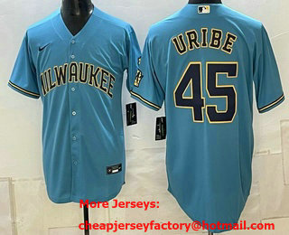 Men's Milwaukee Brewers #45 Abner Uribe Blue 2026 City Connect Stadium Stitched Jersey