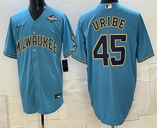 Men's Milwaukee Brewers #45 Abner Uribe Blue 2026 World Series City Connect Stadium Stitched Jersey