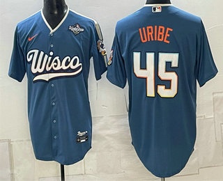 Men's Milwaukee Brewers #45 Abner Uribe Blue 2026 World Series Cool Base Stitched Jersey
