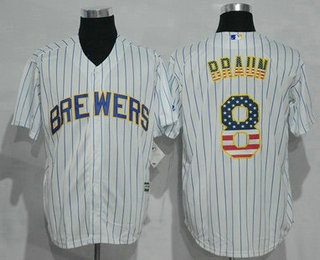 Men's Milwaukee Brewers #8 Ryan Braun White Pinstripe USA Flag Fashion MLB Baseball Jersey