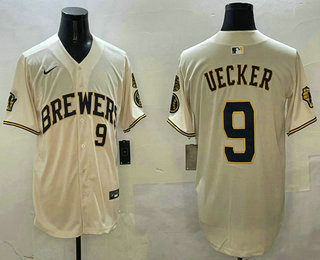 Men's Milwaukee Brewers #9 Bob Uecker Cream With Home Patch Limited Stitched Jersey