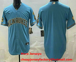 Men's Milwaukee Brewers Blank Blue With Home & Bob Uecker Patch Stitched Baseball Jersey
