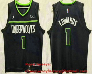 Men's Minnesota Timberwolves #1 Anthony Edwards Navy Blue 2023 Jordan Swingman Stitched Jersey With Sponsor